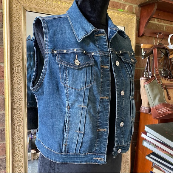 Earl Jeans Dark Wash Denim Vest w. Bejewelled Buttons & Accents Size L - Picture 3 of 5